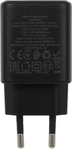 Сетевое зар./устр. Hoco N42 Elogiado 45W 3A+2.25A (PD+QC+AFC) 2xUSB type-C универсальное черный