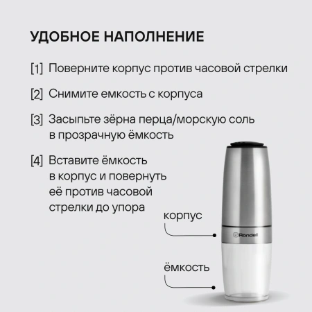 Мельница для перца/соли Rondell Loft Professional RD-1508 стальной упак.:подарочная коробка