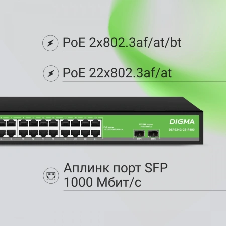 Коммутатор Digma DSP224G-2S-R400 (L2) 24x1Гбит/с 2SFP 24PoE 24PoE+ 2PoE++ 400W неуправляемый