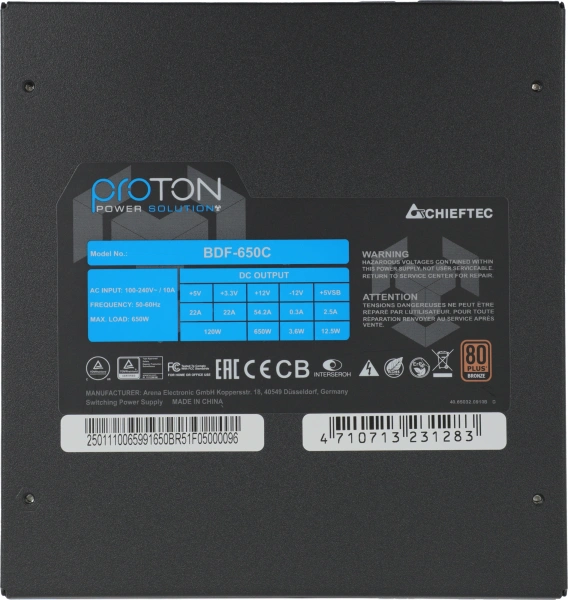 Блок питания Chieftec ATX 650W Proton BDF-650C 80+ bronze (20+4pin) APFC 140mm fan 6xSATA Cab Manag RTL