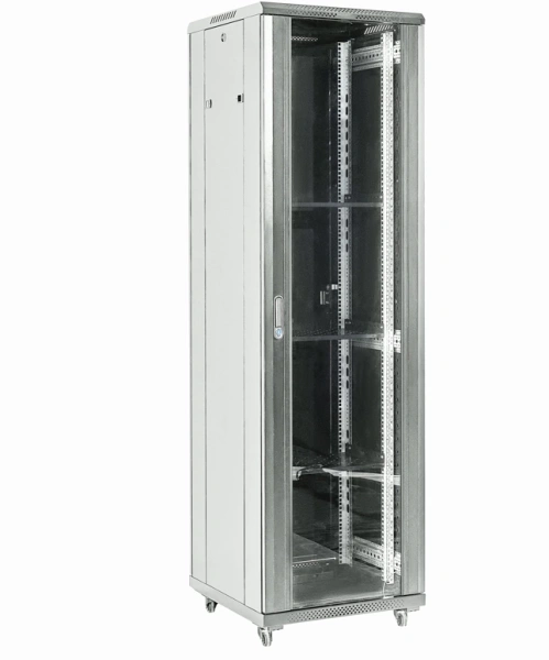 Шкаф коммутационный Rexant (04-3266-211) напольный 32U 600x600мм пер.дв.стекл металл 2 бок.пан. направл.под винты 800кг серый 67кг 230град. 1609мм IP20 сталь