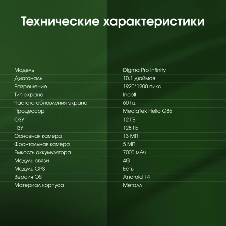 Планшет Digma Pro Infinity G85 (2.0) 8C RAM6Gb ROM128Gb 10.1" In-Cell 1920x1200 4G Android 14 темно-серый 13Mpix 5Mpix BT WiFi microSD 256Gb 7000mAh 200hrs