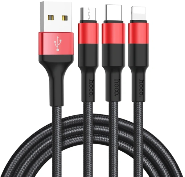 Кабель Hoco X26 Xpress one 80282 USB (m)-Lightning (m)/USB Type-C (m)/micro USB (m) 1м черный/красный