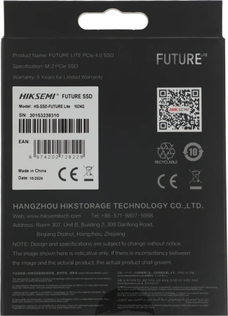 Накопитель SSD Hikvision PCIe 4.0 x4 1TB HS-SSD-FUTURE LITE 1024G M.2 2280