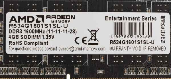 Память DDR3 4Gb 1600MHz AMD R534G1601S1SL-U R5 RTL PC3-12800 CL11 SO-DIMM 204-pin 1.35В Ret