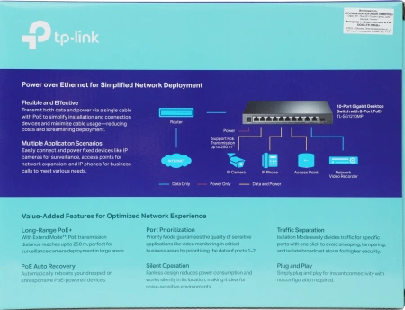 Коммутатор TP-Link TL-SG1210MP 9x1Гбит/с 1xКомбо(1000BASE-T/SFP) 8PoE+ 123W неуправляемый