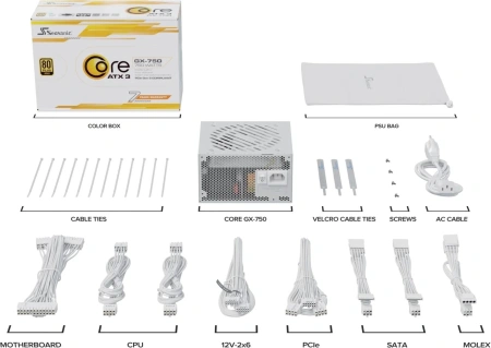 Блок питания Seasonic ATX 750W Core GX-750 White 80+ gold (20+4pin) APFC 120mm fan 6xSATA Cab Manag RTL