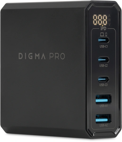 Настольное зар./устр. Digma Pro DPW10A 140W 5A (PD+QC) 3хUSB-C/2xUSB-A универсальное черный (DPW1A4G024BK)
