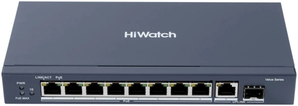 Коммутатор HiWatch DS-S1008GP 8x100Мбит/с 2x1Гбит/с 58W неуправляемый