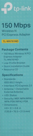 Сетевой адаптер Wi-Fi TP-Link TL-WN781ND N150 PCI Express (ант.внеш.съем) 1ант.