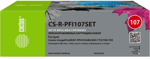 Картридж перезаправляемый струйный Cactus CS-R-PFI107SET черный/черный матовый/голубой/желтый/пурпурный набор 5шт.упак. для Canon imageProGRAF iPF670/680/685/770/780/785 без чипа