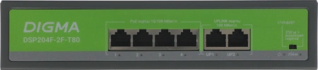 Коммутатор Digma DSP204F-2F-T80 DSP204F-2F-T80 V1 (L2) 6x100Мбит/с 4PoE 4PoE+ 80W неуправляемый