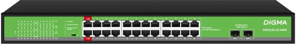 Коммутатор Digma DSP224G-2S-R400 (L2) 24x1Гбит/с 2SFP 24PoE 24PoE+ 2PoE++ 400W неуправляемый