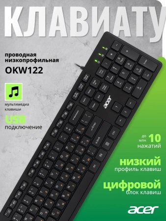 Клавиатура Acer OKW122 черный USB Multimedia (ZL.KBDEE.00C) кабель 1.5м