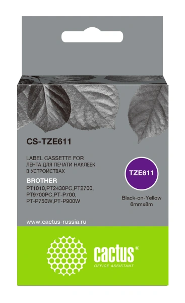 Картридж ленточный Cactus CS-TZE611 TZe-611 черный на желтом 6x8 для Brother 1010/1280/1280VP/2700VP