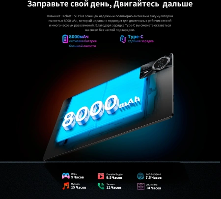 Планшет Teclast T50Plus Tiger T620 (2.0) 8C RAM6Gb ROM256Gb 10.95" IPS 1920x1200 4G Android 14 серый 13Mpix 8Mpix BT WiFi microSD 1Tb 8000mAh 10hr
