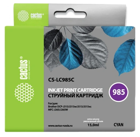 Картридж струйный Cactus CS-LC985C голубой (15мл) для Brother DCPJ315W/DCPJ515W/MFCJ265W с чипом