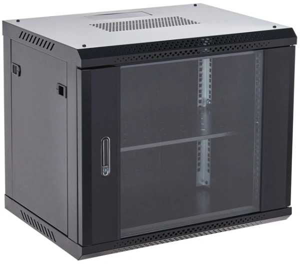 Шкаф коммутационный Rexant (04-0964-112) настенный 9U 600x450мм пер.дв.стекл металл 2 бок.пан. направл.под винты 60кг черный 13.75кг 230град. 501мм IP20 сталь