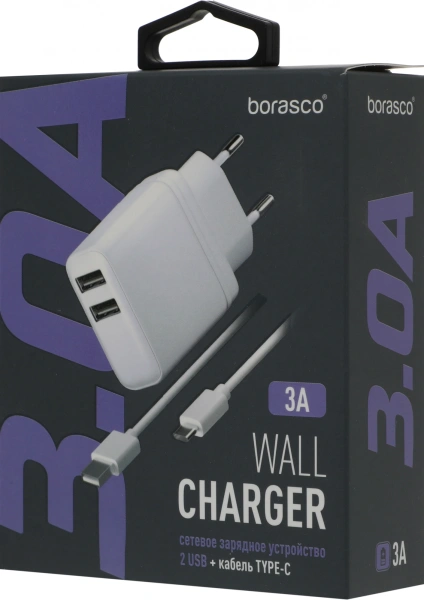 Сетевое зар./устр. BoraSCO 15W 3A 2xUSB универсальное белый (52580)