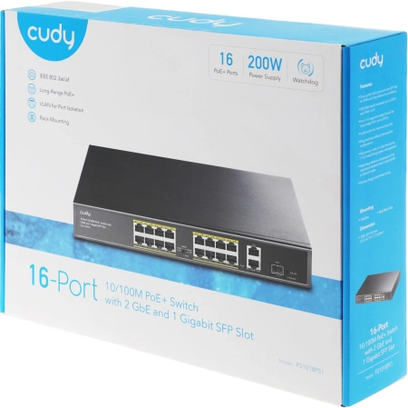 Коммутатор Cudy FS1018PS1 (L2) 16x100Мбит/с 2x1Гбит/с 1SFP 16PoE+ 200W неуправляемый