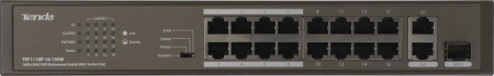 Коммутатор Tenda TEF1118P-16-150W (L2) 16x100Мбит/с 2x1Гбит/с 1SFP 16PoE 130W неуправляемый